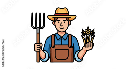 Illustrative Farmer Character Holding Wheat and Pitchfork Depicting Agricultural Concept, Harvest time and Rural Lifestyle