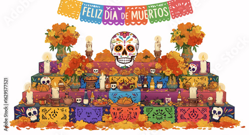 Celebratory Day of the Dead Altar Display with Sugar Skull and Marigolds Representation of Dia de Muertos Culture and Traditions in Colorful and