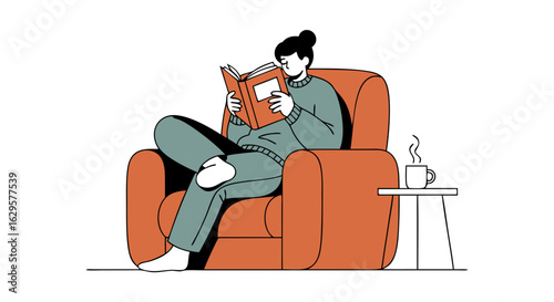 Comfortable reader indulging in a book, depicted with a warm cup of tea, resting in an orange armchair on a serene white background