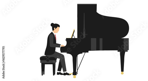 Solo performance on grand piano: A classically trained pianist immersed in musical artistry during an elegant stage presence for concert enjoyment