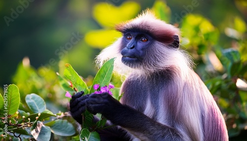 purple faced langur semnopithecus vetulus also purple faced leaf monkey old world monkey that endemic to sri lanka long tailed arboreal monkey eating leafs and blossoms in the jungle