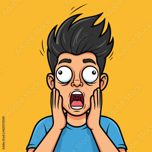 Cartoon boy with spiky black hair and a terrified expression, screaming with wide eyes and hands on his face.