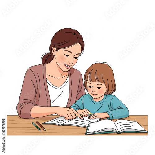Mother helping child with homework at table, learning and education concept
