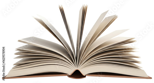 Open book with pages fanned out showing blank creamy pages isolated on transparent background