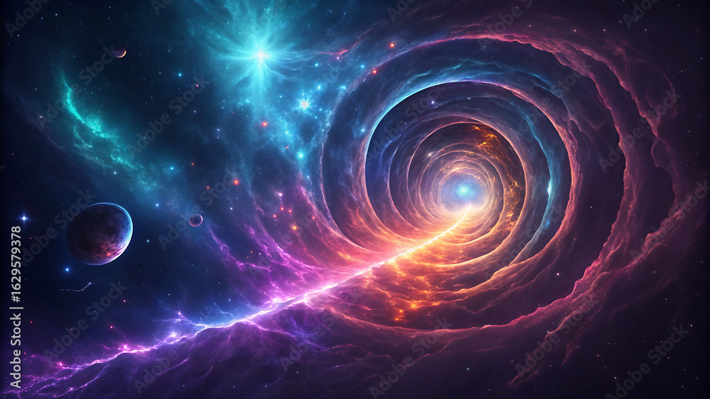 Fototapeta premium A breathtaking cosmic wormhole swirling through space, illuminated by vibrant nebulae and distant stars, inviting viewers on a fantastical journey through the universe and beyond the boundaries of kno