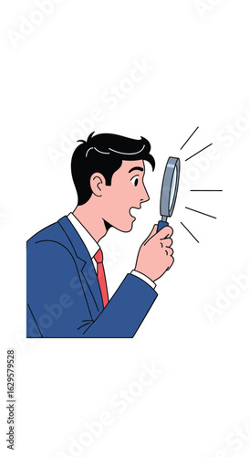 Focused business professional examining through magnifying glass discovering opportunity growth and insightful detail discovery