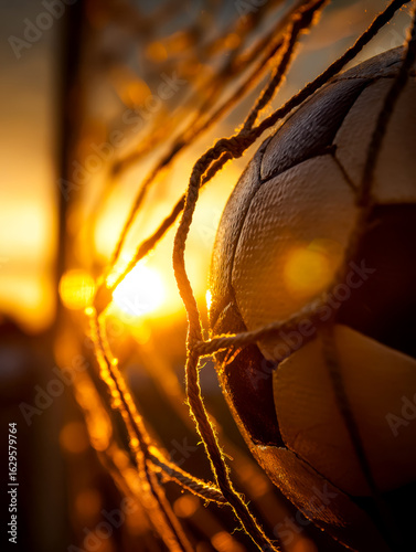 Soccer ball caught in goal net at sunset, creating a dramatic close-up shot