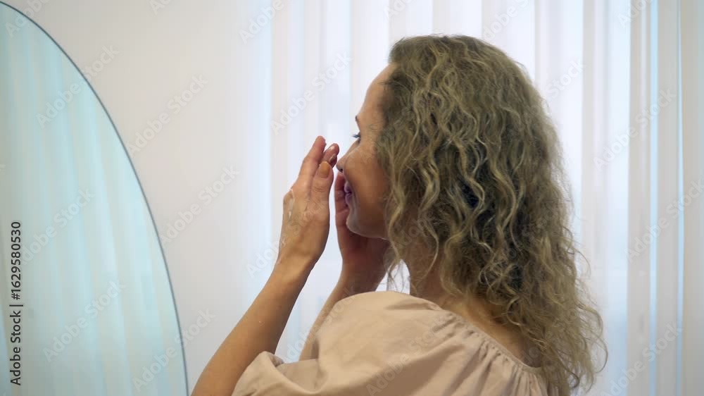 Woman doing self-massage sits in front of mirror. Self-massage has rejuvenating effect, scene emphasizes importance of self-massage in maintaining both physical and well-being. Woman doing self-massage sits in front of mirror. Self-massage has rejuvenating effect, scene emphasizes importance of self-massage in maintaining both physical and well-being.