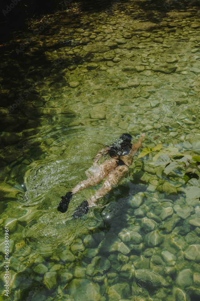 Obraz premium A swimmer in snorkeling gear floats above crystal-clear river water, revealing green stones and serene natural beauty.