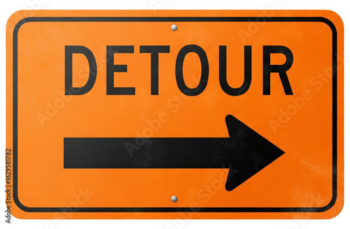 Orange detour sign with black arrow pointing right isolated on transparent background