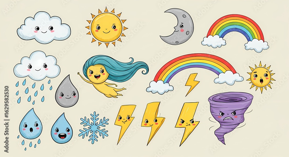 Fototapeta premium Whimsical Weather Elements Cartoon Clouds Sun Moon Rainbows and Storms.