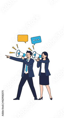 Two business people announcing information through megaphones with speech bubbles representing communication