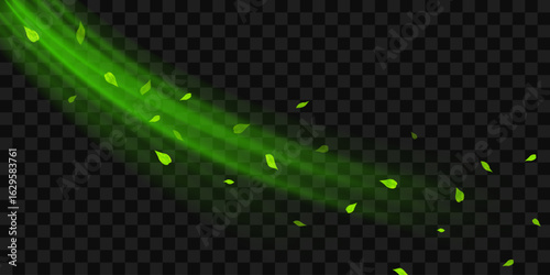 Fresh forest air swirl. Wind flow with flying green leaves. Realistic 3D vector illustration isolated on transparent background.