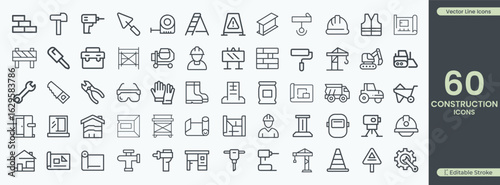 Building industry tools equipment and vehicles line art icon collection construction