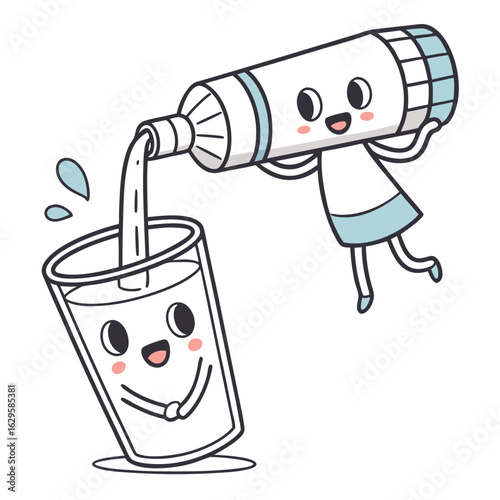 Cute toothpaste character pouring into a happy glass isolated on white background