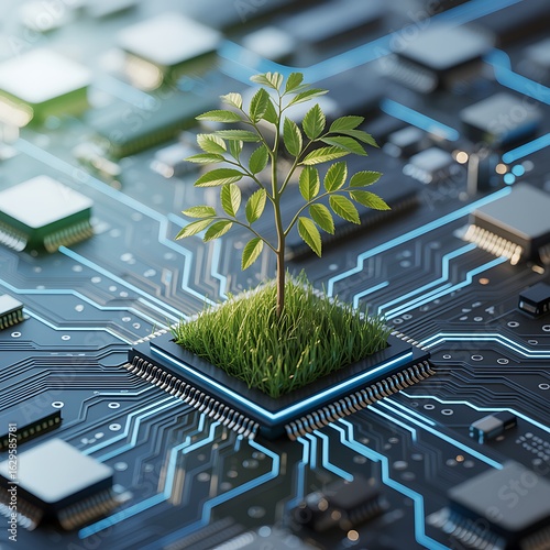 Young Plant Growing from Microchip on Circuit Board Illustrating Green Technology and Sustainable Innovation
