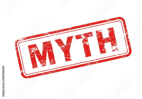 Distressed red rubber stamp impression of the word myth isolated on a transparent background