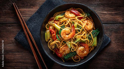 Homemade shrimp lo mein noodles with vegetables served in bowl family meal cozy home cooking top view