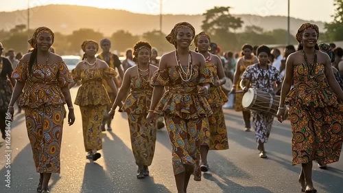 Group of women in traditional clothing, walking in a procession.
