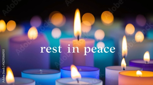 Text rest in peace, surrounded by many burning candles in different colors. RIP.