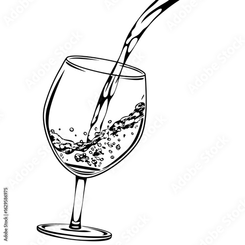 Elegant wine glass with liquid pouring in, isolated on white background