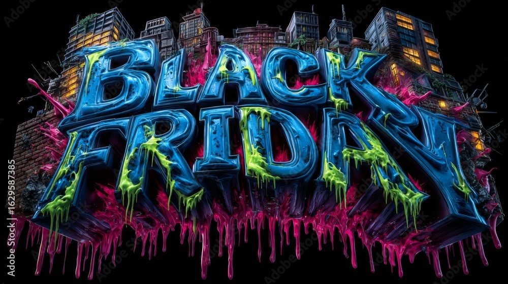 Fototapeta premium Black Friday text with neon slime and urban grunge buildings background.