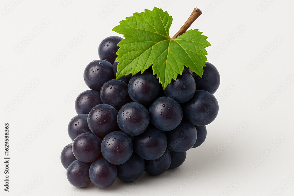 Fototapeta premium Fresh Black Grapes with Green Leaf Isolated on White Background for Healthy Eating and Organic Fruit Concept