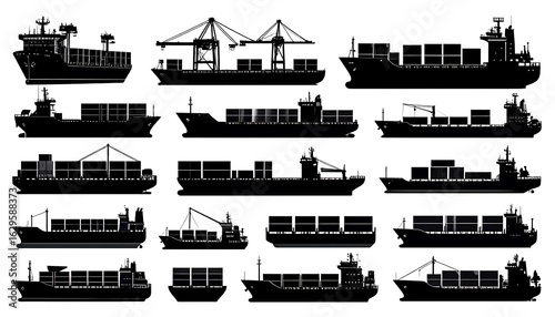 Silhouettes of various cargo ships, container vessels, and bulk carriers for maritime logistics and transportation