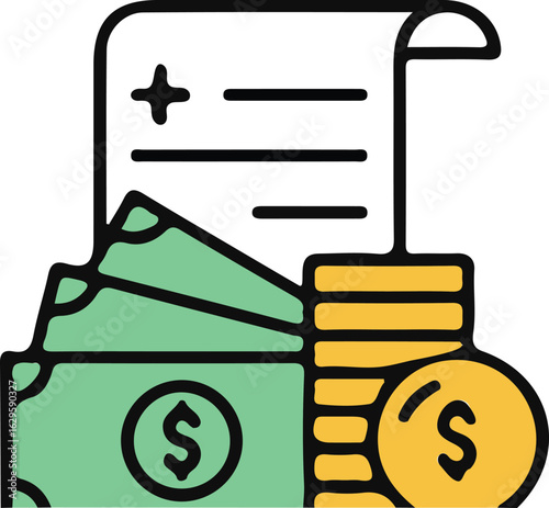 Financial Planning and Medical Bills Concept Art Illustration of Paperwork Stacked Behind Pile of Cash and Gold Coins