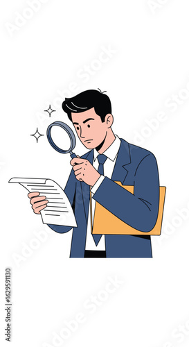 Meticulous professional analyzes document with magnifying glass and folder demonstrating diligent examination and careful review
