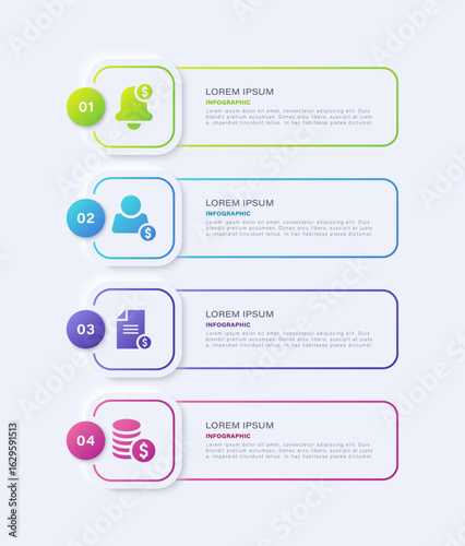 Neumorphism vertical vector business and marketing infographic template with four steps, processes or options