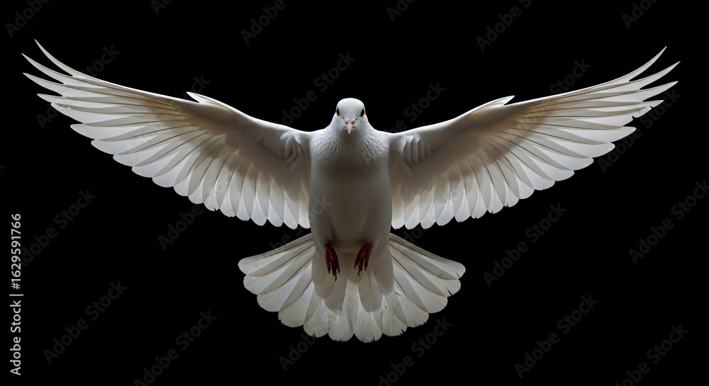 Obraz premium White Dove Flying with Spread Wings Against Black Background