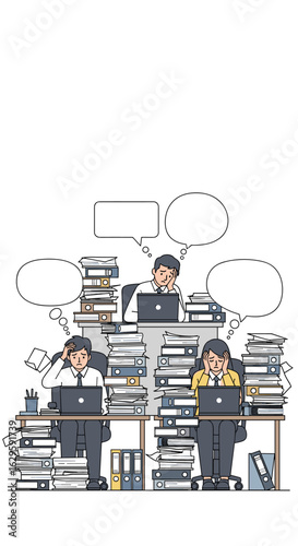 Office workers overwhelmed by excessive paperwork and demanding tasks causing stress and frustration