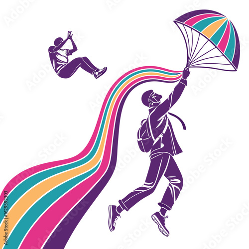 Man with parachute jumping with rainbow trail isolated on white background