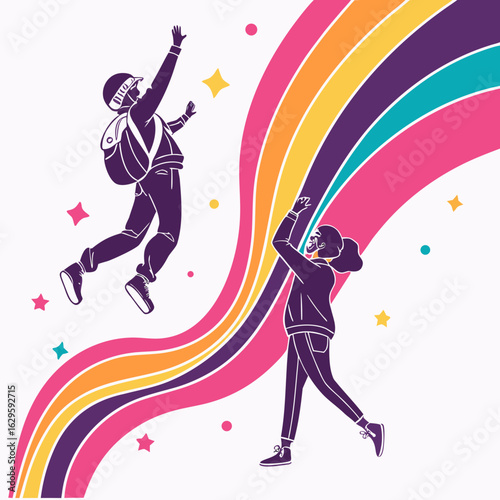 People jumping with rainbow trails isolated on white background