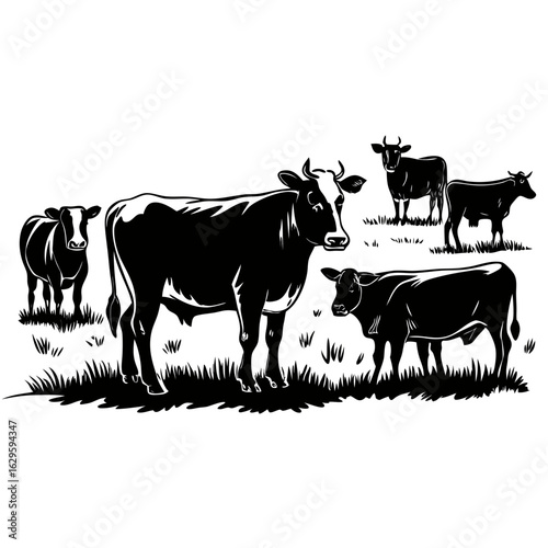 A perfect  herd of grazing cows in a lush pasture black and white vector on white background.