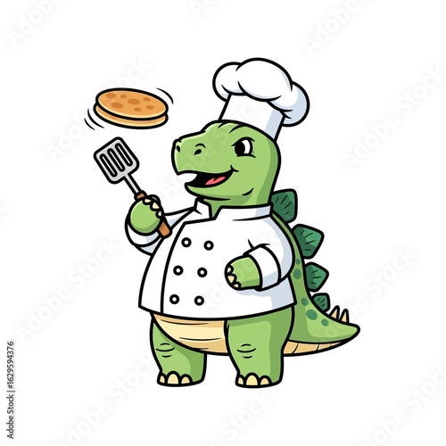 A cartoon dinosaur chef happily flipping a pancake with a spatula, smiling.