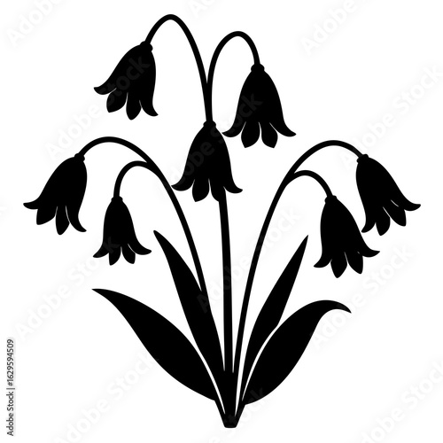 Elegant black and white silhouette of a bellflower plant with multiple blooms and leaves, isolated on white background