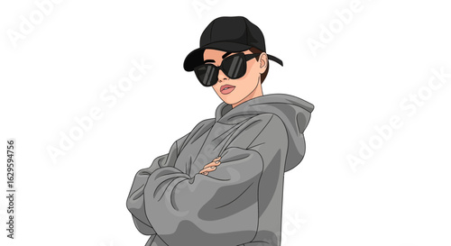 Cartoon illustration of a person wearing sunglasses, cap, and hoodie, arms crossed.
