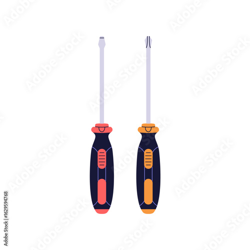 Screwdriver types, flathead and crosshead tips. Hand tool, instruments for DIY, repair, building works. Screw drivers, metal flat and cross heads. Vector illustration isolated on white background