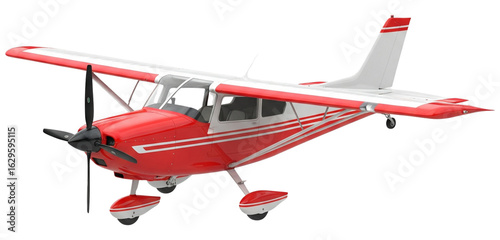Red and white single engine propeller airplane isolated on transparent background
