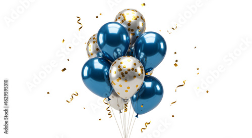 Blue and gold confetti balloons bouquet with metallic shine on transparent background, perfect for birthday parties and celebrations