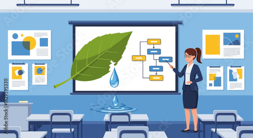Teacher presenting the water cycle and leaf biology in classroom environment vector illustration