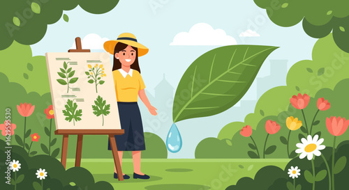 Illustration of a botanist presenting plant species and the importance of water