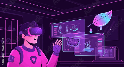 Man experiences virtual reality interface with innovative environmental data and future