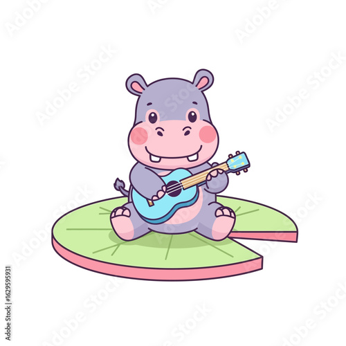 A cartoon hippo serenades while sitting on a lily pad, playing a small blue guitar.