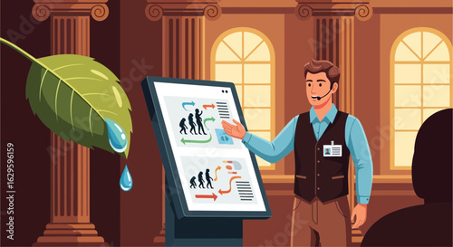 Informative museum tour guide explaining human evolution with interactive display in a classic