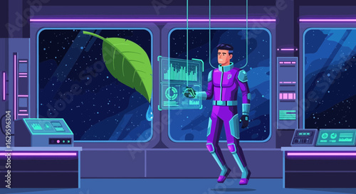 Futuristic astronaut analyzing plant data in a space station laboratory to improve sustainability