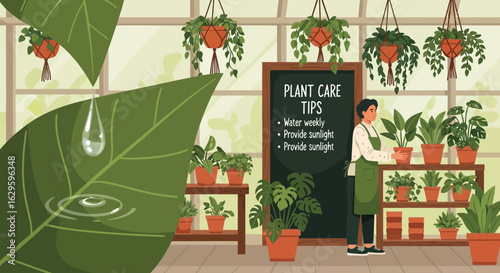 Indoor plant care concept illustration with a greenhouse interior design elements and plant care