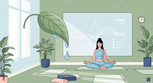 A serene yoga studio with a woman meditating, fostering peace and mindfulness and showcasing the